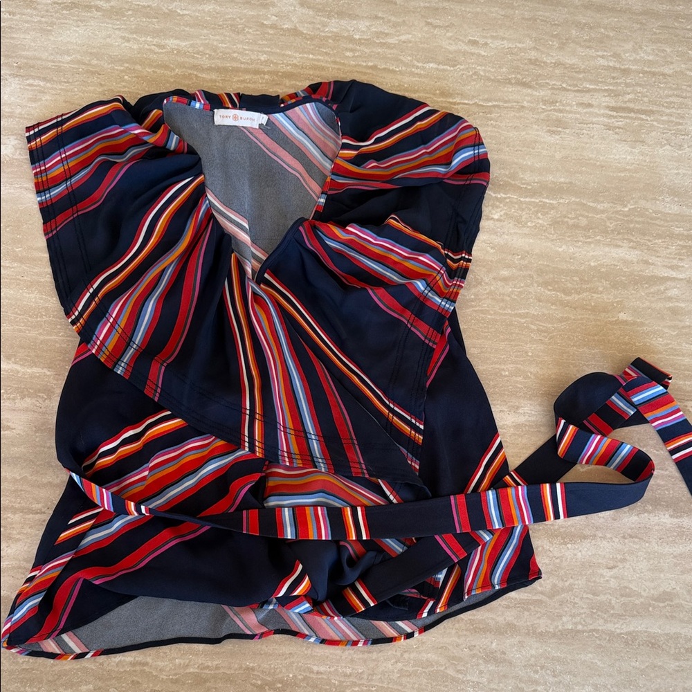 Tori Burch Navy and Multicolor Striped Blouse
